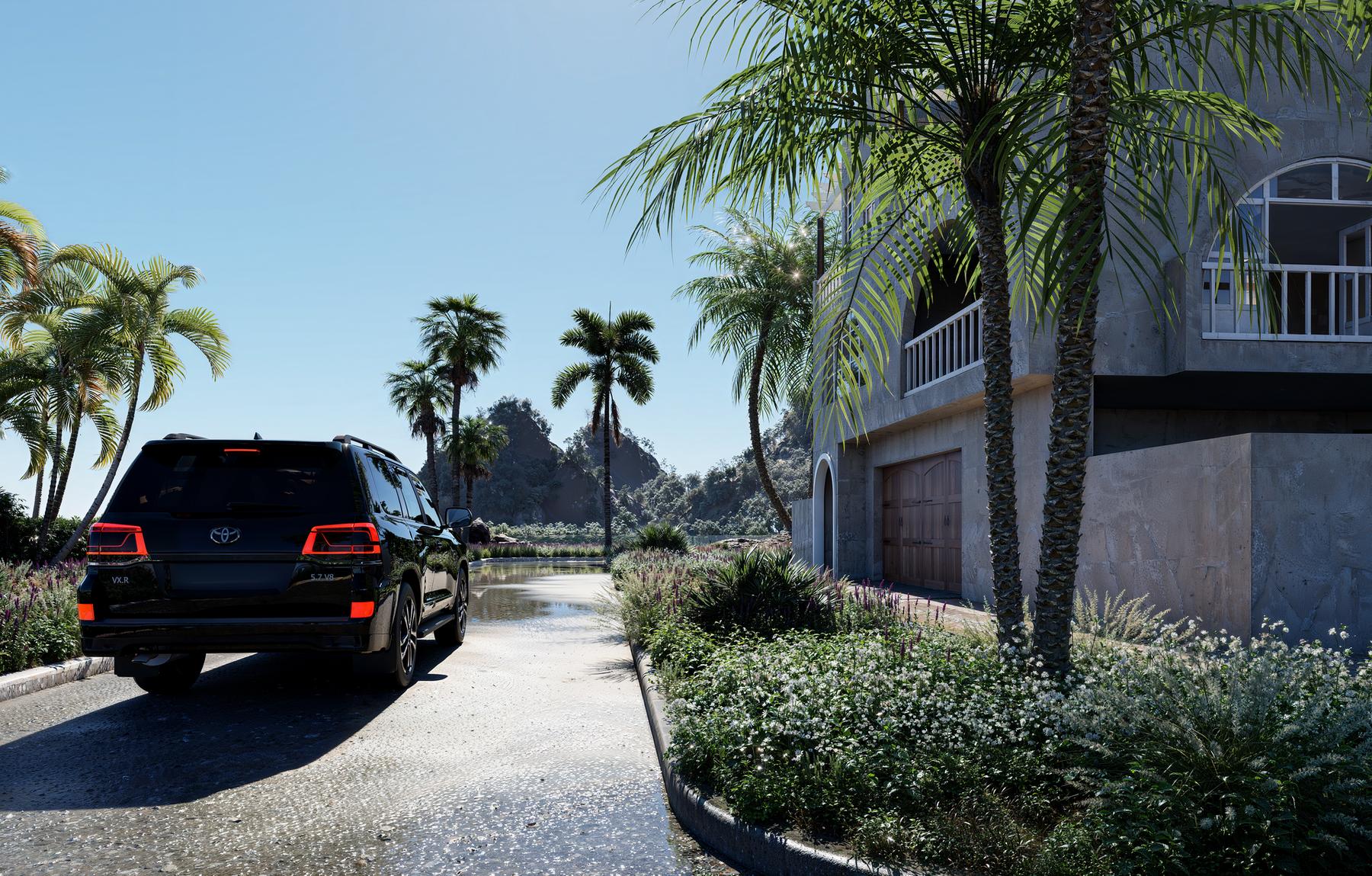 An SUV on a palm-lined coastal road in Zanzibar